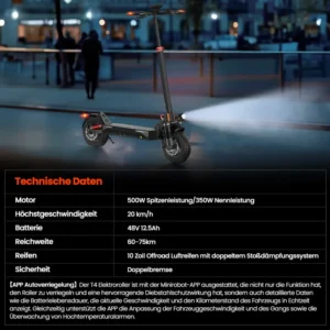 E Scooter mit Straßenzulassung, Klappbarer Elektroscooter,10-Zoll Luftreifen für Offroad-Elektroroller,60-75 km Reichweite,4 Stoßdämpfer,Höherwertiger E Roller.