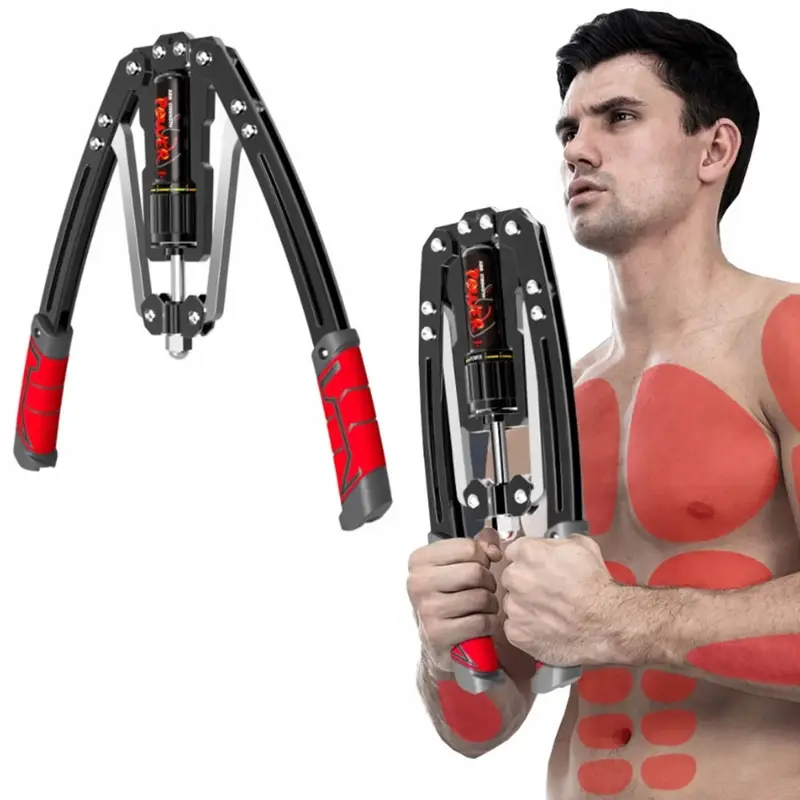 Verstellbarer Hydraulischer Brusttrainer mit Armtrainingsgerät - Hochbelastbares 10-200kg/22-440lbs Widerstandssystem inkl. Doppel-Federmechanismus, Verriegelungsfunktion & Polster für Fitnessstudio, Muskelaufbau Armbau (Schwarz) – Bild 3