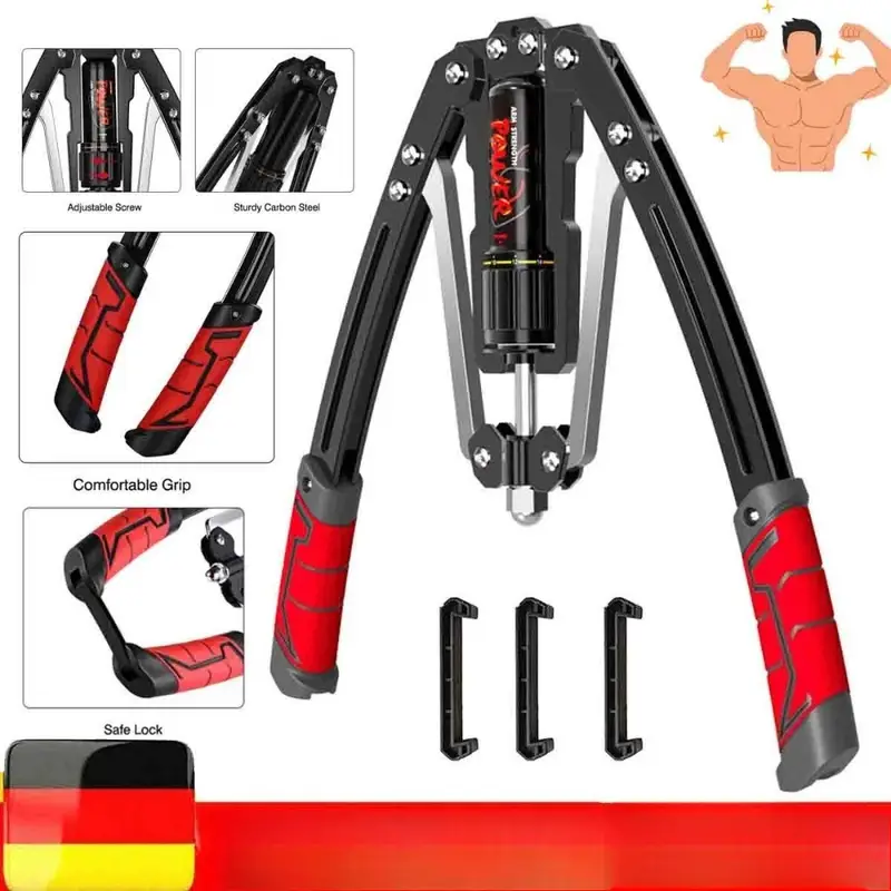 Verstellbarer Hydraulischer Brusttrainer mit Armtrainingsgerät - Hochbelastbares 10-200kg/22-440lbs Widerstandssystem inkl. Doppel-Federmechanismus, Verriegelungsfunktion & Polster für Fitnessstudio, Muskelaufbau Armbau (Schwarz) – Bild 6