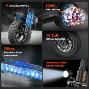 E Scooter mit Straßenzulassung, Klappbarer Elektroscooter,10-Zoll Luftreifen für Offroad-Elektroroller,60-75 km Reichweite,4 Stoßdämpfer,Höherwertiger E Roller.